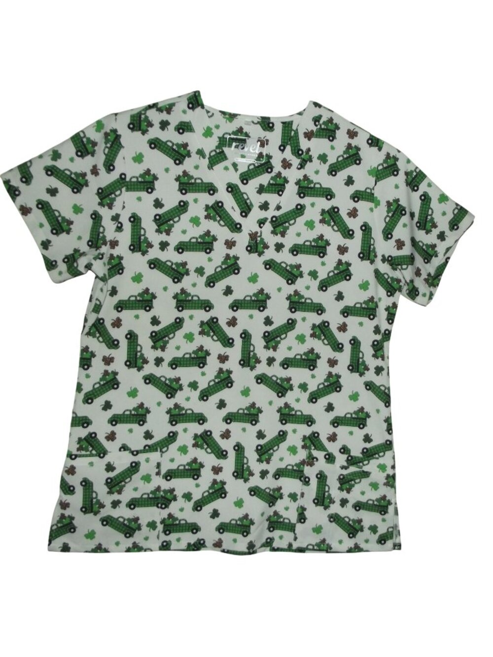 Revel Scrubs Top Womens Size Large green plaid truck v-neck pockets poly spandex